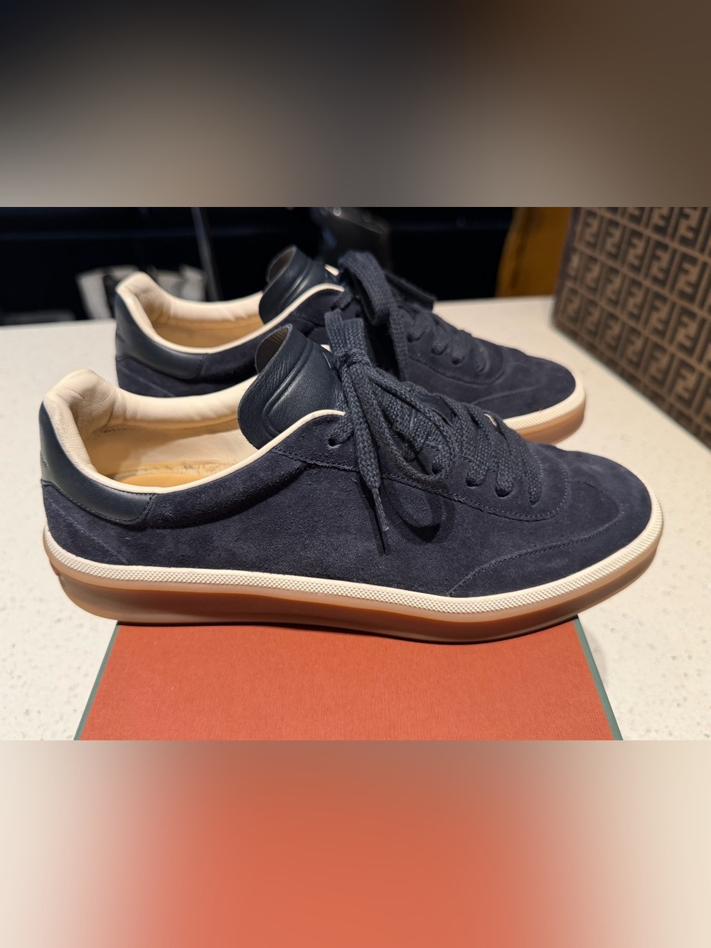 Loro Piana tennis walk Navy Suede Low-Top Sneakers with Cream Trim